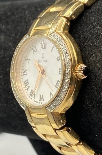 Bulova 98R156 Women's Gold Tone Diamond Bezel Mother of Pearl Dial Watch 27mm - Picture 3 of 9
