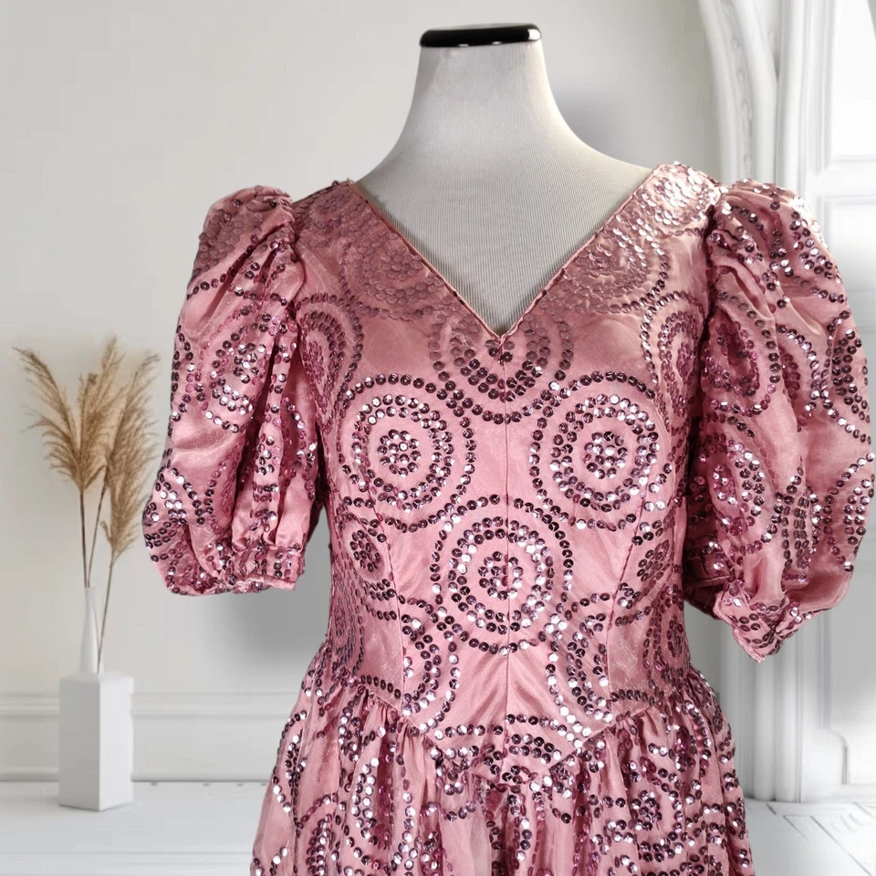 Vestido Formal Princesa Vintage Años 80 Manga Abullonada Talla 12 Rosa Lentejuelas Ajuste Acampanado Foto 2 de 4