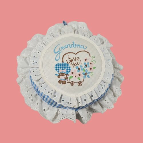 Russ Berrie Blue Gingham GRANDMA I LOVE YOU 8" Accent Pillow Lace Ruffle Vintage - Picture 1 of 4