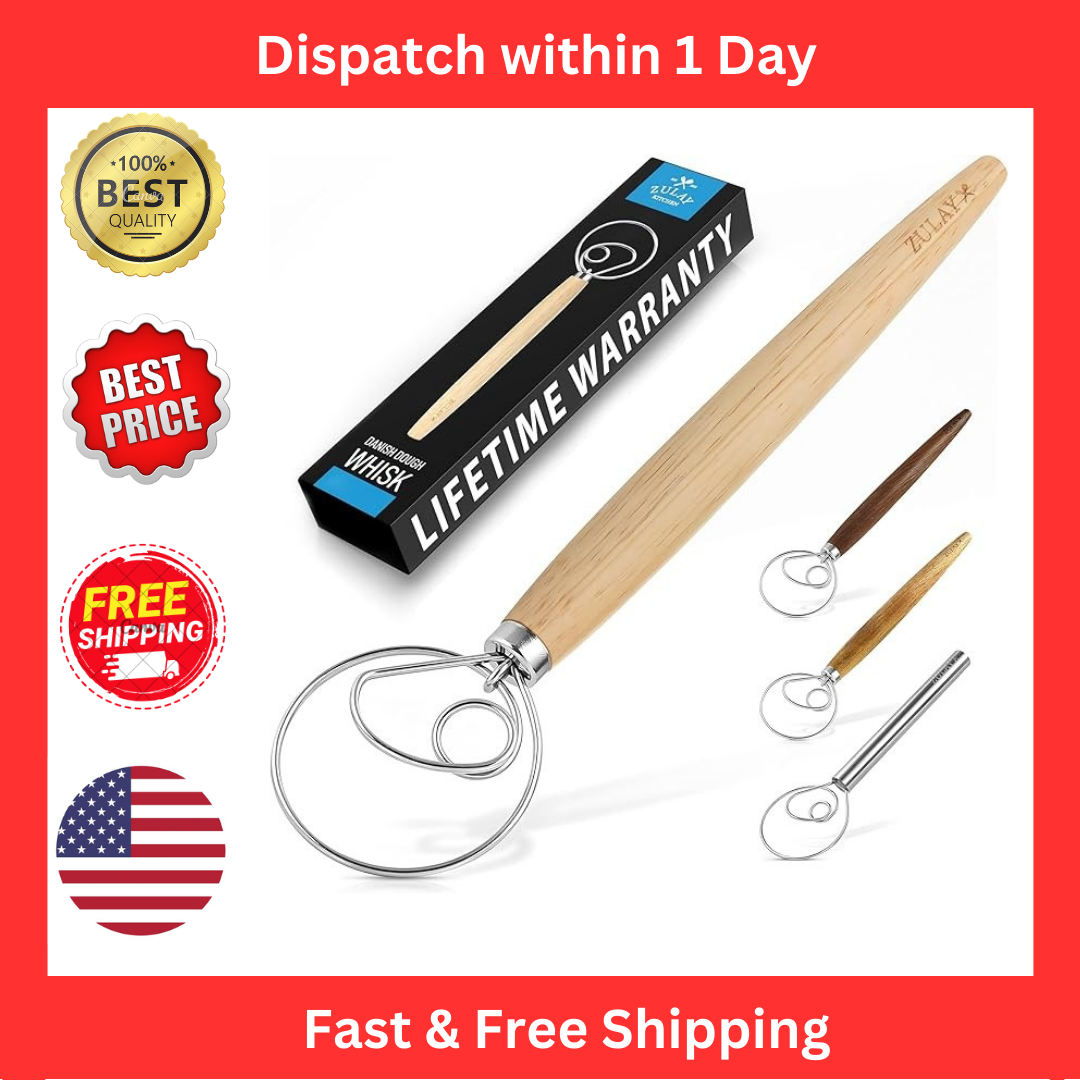 Zulay Kitchen 13-Inch Danish Wooden Dough Whisk with Sturdy Handle  