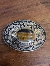 Vintage Belt Buckle - Gold Colored Floral Pattern With Polished Striped Stone