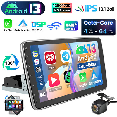 1 DIN 10.1 Zoll Android 13 Autoradio mit Apple Carplay GPS NAVI WIFI BT HIFI DSP