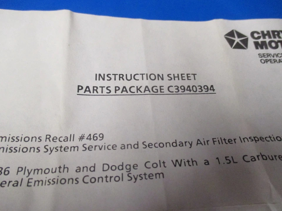 Retiro de emisiones #469 para Dodge COlt 86 con motor de 1,5 L, nuevo, N.O.S.C3940394 Foto 2 de 2