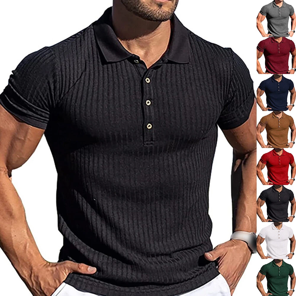 Mens Polo Button Shirts Casual Work Short Sleeve Muscle Slim Fit T Shirt  Tops eBay