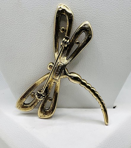 Vintage Monet Dragonfly Green Enamel Rhinestone Gold Tone Brooch Pin - Picture 5 of 9