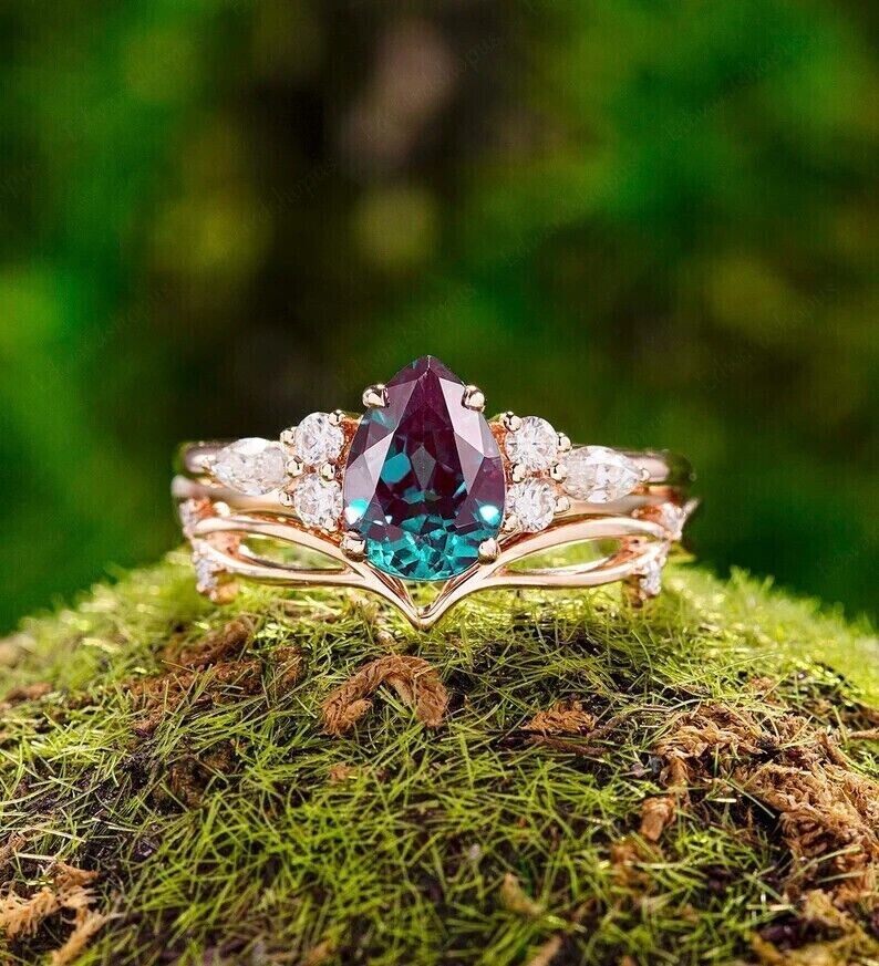 2Ct Pear Cut Lab Created Alexandrite Bridal Engagement Ring 14K