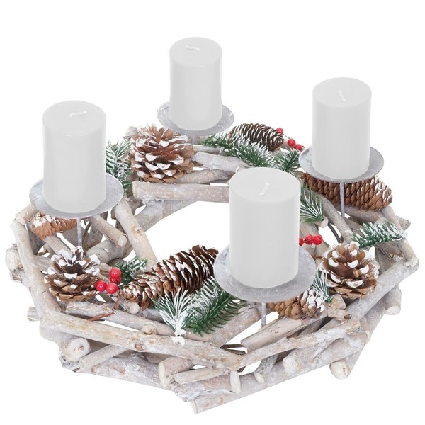 Adventskranz Rund, Weihnachtsdeko Tischkranz, Holz Ø 35Cm Mit Kerzen, Weiß-image