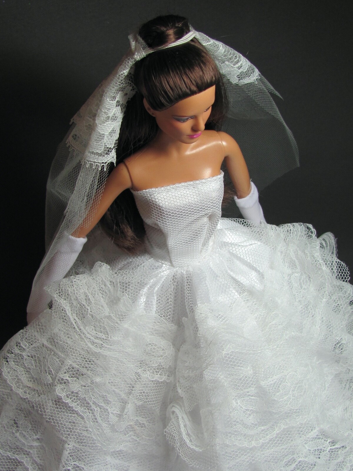 Handmade barbie doll clothes: WHITE wedding dress for Christmas gift veil gloves