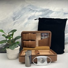 Cigar Travel Humidor, Cedar Wood Leather Cigar Case. New