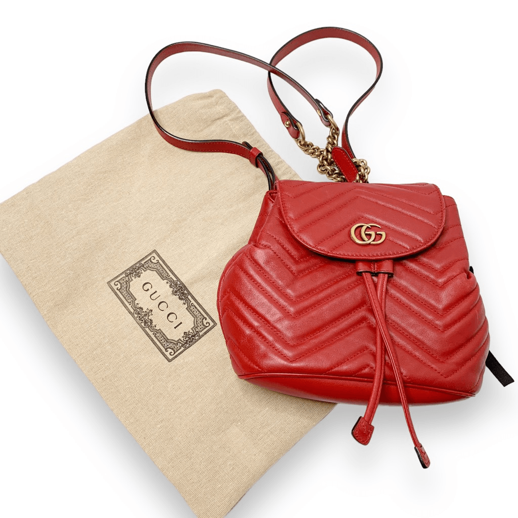 Gucci Marmont Metallasse Quilted Chevron Leather Drawstring Backpack Mini GG Red Gucci Marmont Metallasse Quilted Chevron Leather Drawstring  main image 2