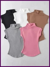 Women Summer Sexy Turtleneck Sleeveless T-Shirts Tops Solid Slim Fit