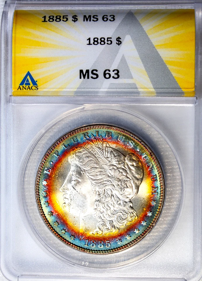 1885-P ANACS MS63 MORGAN $ - PATRÓN IMPRESIONANTE - TONO ARCO IRIS (VIDEO) Foto 3 de 4