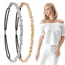 2 PCS Adjustable Silver and Gold Elastic Rhinestone headband, Rhinestone Beaded