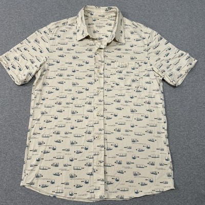 LL Bean Shirt Mens Medium Beige Ship Impossible Bottle AOP Boats Up Button