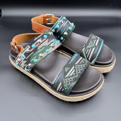 Stokton Italy Women 38 Woven Studded Turquoise Platform Espadrille Sandals