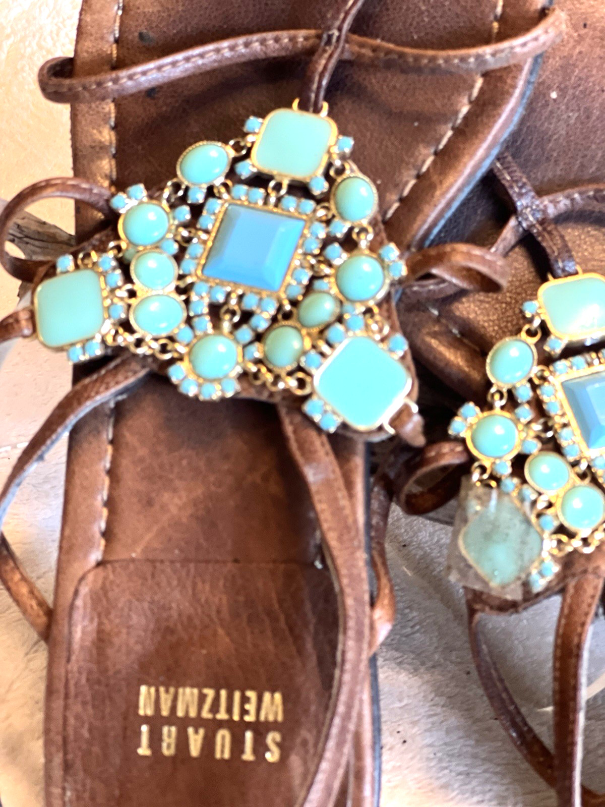 Stuart Weitzman  Turquoise Jeweled Flat Sandals 8.5 Strappy High End Designer