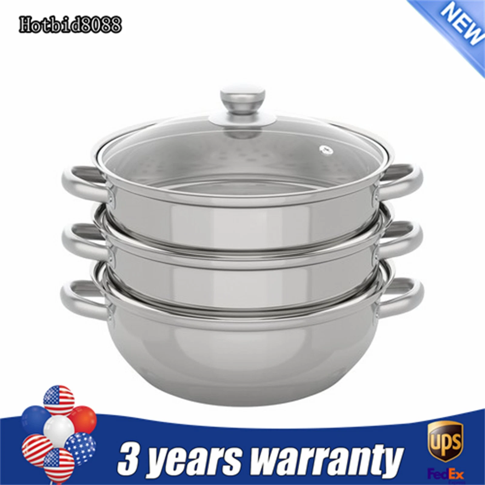 3 Tier Steamer Hot Pot Stainless Steel Cooker Steam Pot Food Cooking + Glass Lid