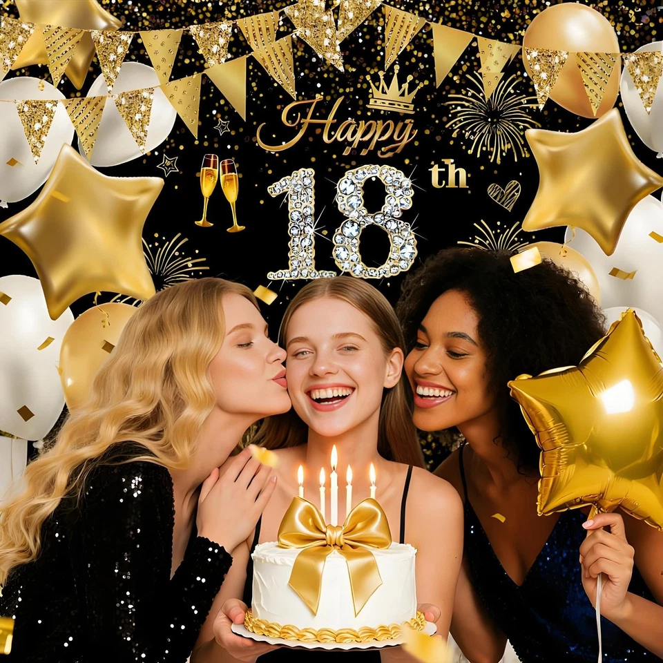 Bannière décorative d'anniversaire 18 ans pour garçons et filles, noir doré H... - Photo 3/4