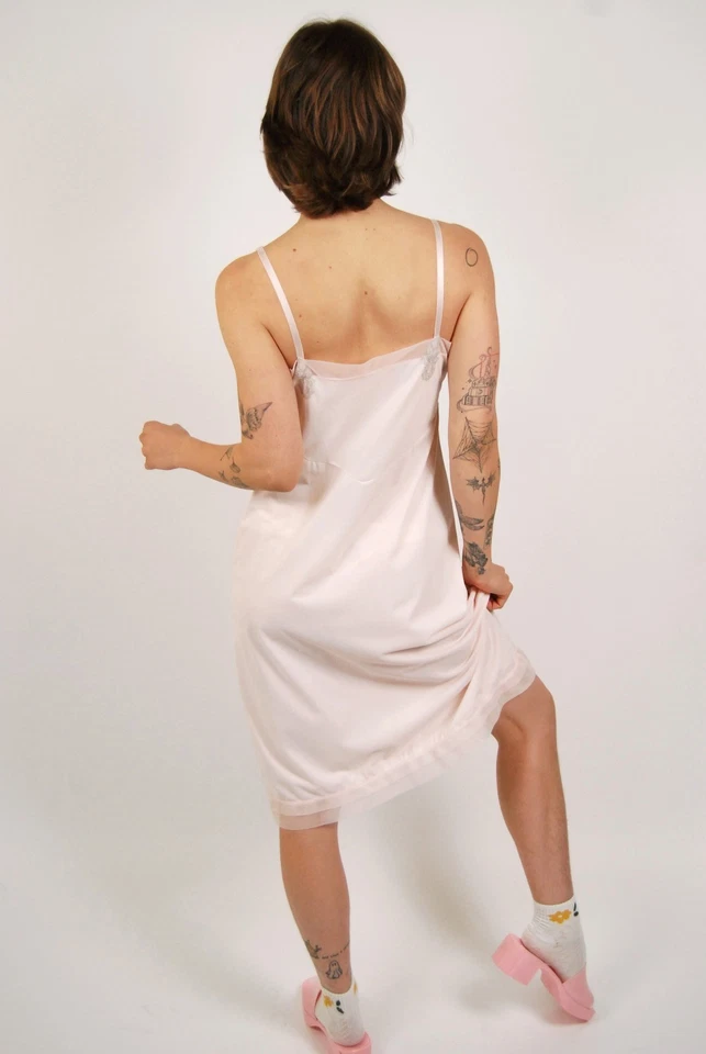 50s Pink Slip Dress (L) large vintage midi sheer nightie neglige lingerie gown - Image 3 of 4