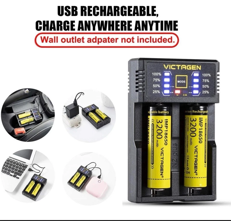 2x 18650 3.7V Batería Recargable + Cargador Baterías de Iones de Litio Botón Superior Foto 4 de 4