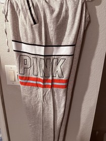 PINK Victoria's Secret Women's Gray Logo Jogger Pants Drawstring Pockets M