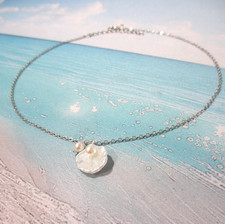 Sea Shell Clam Pearl Necklace Beach Charms Coastal Dainty Dangle Silver Chain