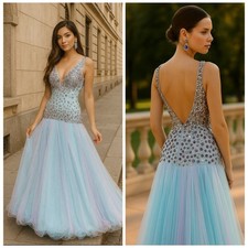 Sherri Hill Embellished Deep V Neck Mermaid Tulle Gown Blue Pink Size 2 NWT