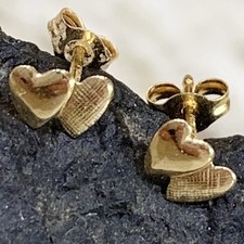 Double Heart Earrings 14K Solid Yellow Gold Stud .25gr dainty textured shiny 5mm