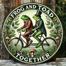 Vintage Frog & Toad Together Round Aluminum Wall Art - 8x8 Inch Whimsical Garden
