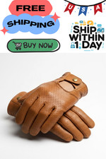 Mens Leather Driving Gloves Full Finger Brown Anti-Slip Breathable Luxury Car Gl