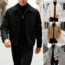 Loose Fit Men Woolen Jacket Lapel Single Breasted Long Sleeve Business Coat