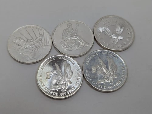 5x Mixed Seated Liberty HJC Refiner World Trade  1 Ounce Fine Silver .999 Rounds