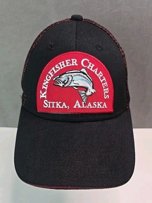 Kingfisher Charters hat Large Salmon patch Sitka Alaska red black mesh snapback