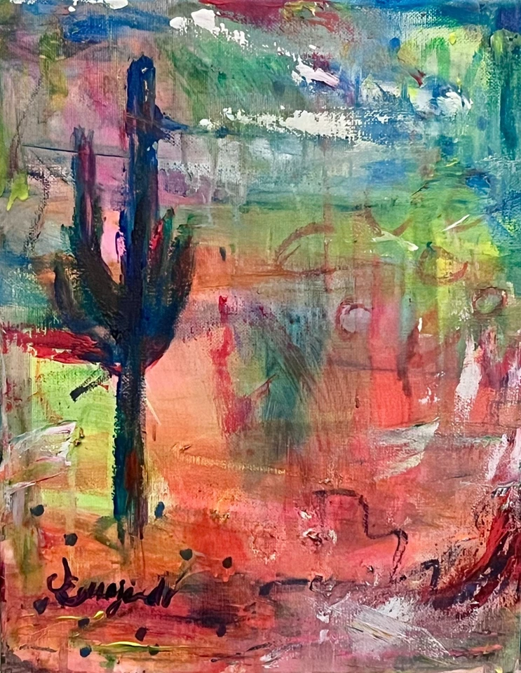 Arte assinada em tela GUAJARDO expressionismo original neon cacto alto 14X11 - Imagem 4 de 4