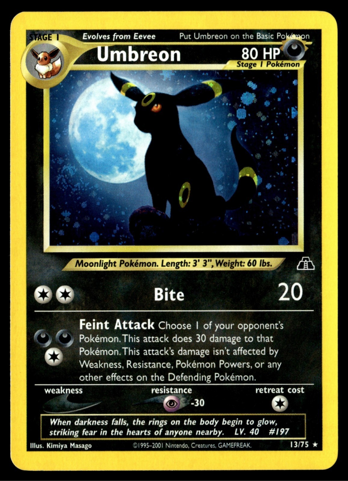 Pokemon Card Umbreon 13/75 Neo Discovery Holo Swirl Vintage 2CG