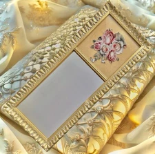 VTG Old French Country Rose Mirror Gold Vanity Tray Old World Tea Tray Art