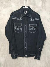 Wrangler Rock 47 Shirt Mens Medium Black Pearl Snap Button Up Long Sleeve