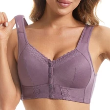 Senior Women's Wirefree Bras Snap Front Button Closeure Cotton Bra USA
