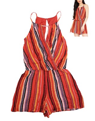 BCX Juniors Sedona Sunset Striped Print Wrap Front V-Neck Romper NWT Multicolor