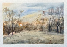 Original Watercolor Painting Landscape Nature Sunset Forest - 5x7 inches - NEW