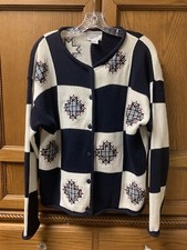 Christopher Banks Women s Blue White Cardigan Quilt Patchwork Size Large