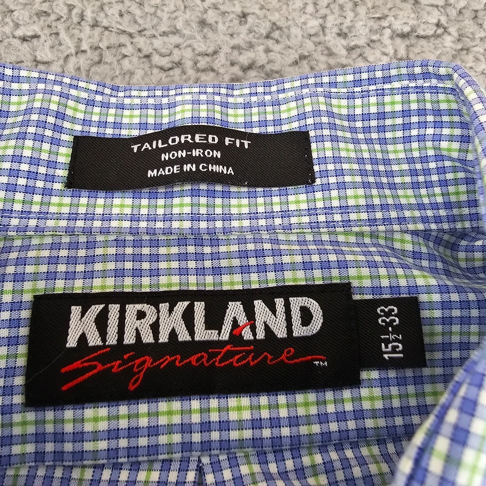 Camisa de vestir Kirkland Signature para hombre grande 15,5 33 azul verde a cuadros ajuste a medida Foto 3 de 4