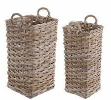 Square Wicker Umbrella Stand Basket Grey and Buff Rattan