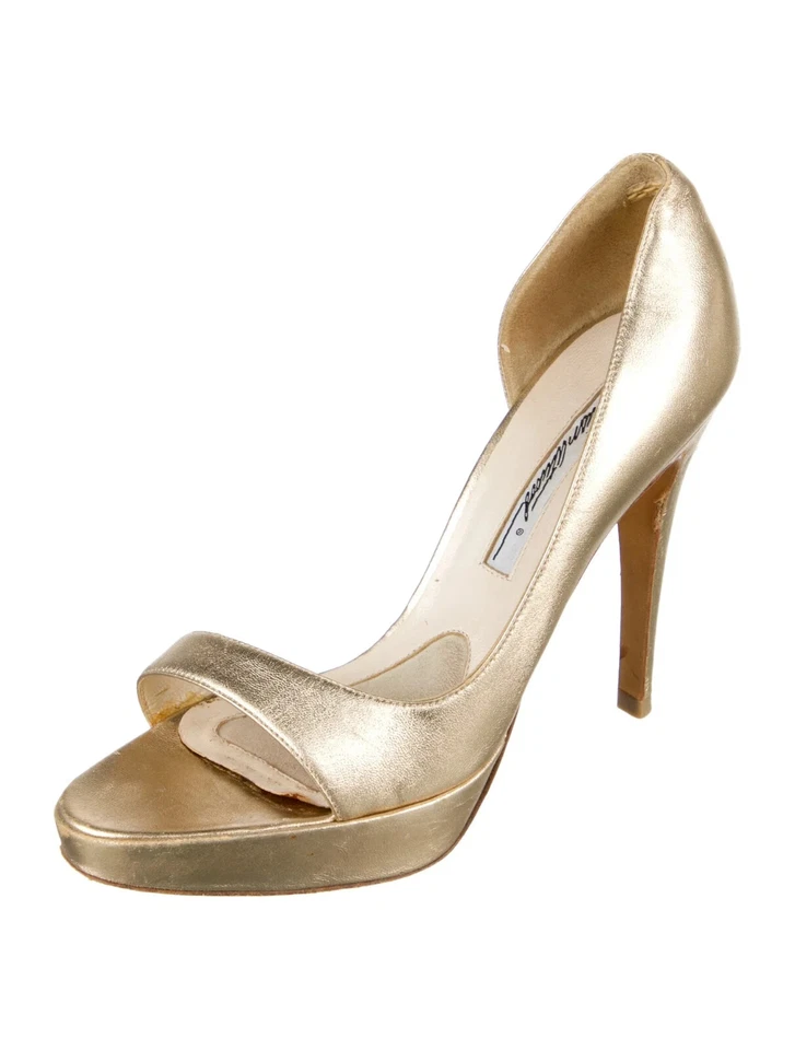 Brian Atwood Sandals Womens Sz 6.5 Gold & Metallic Leather Stiletto Heel Slip on - Image 3 of 4