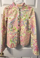 Lilly & Van Womens Jacket Small Pink White Green Denim Button Up Pockets Boho