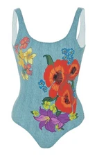 ONIA M L Kelly Denim Print Flower Power One Piece Tank Top Swimsuit $225