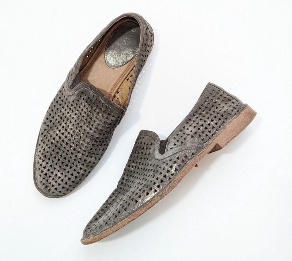 Trask Ali Perforated Pewter Gray Gold Metallic Suede Loafers Size 9.5 36 0634