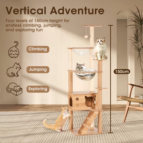Petzly Wooden Cat Tree Tower Scratching Post Scratcher Condo House Bed 143/150cm - Picture 2 of 26