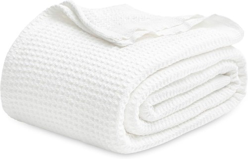 Bedsure 100% Cotton Blanket Queen Size for Bed (90" x 90"), 01 - White