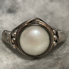 Sterling Silver Pearl Cabochon Wire Wrapped Band Ring Size 9.25